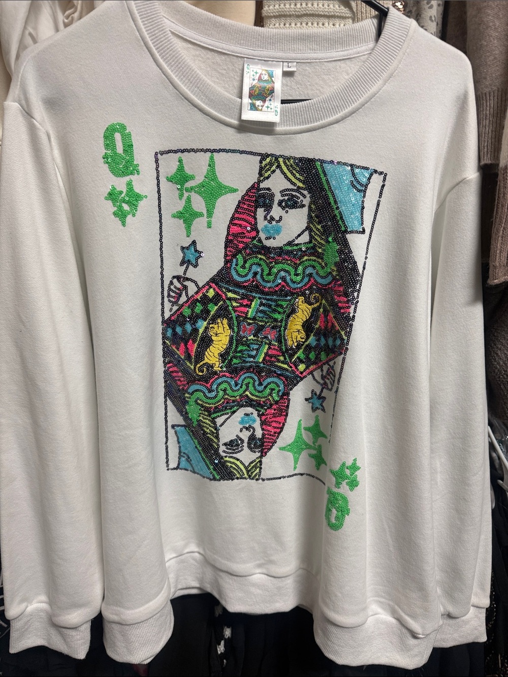 Queen of Sparkles - Women’s White Sequin Playing Card Sweatshirt